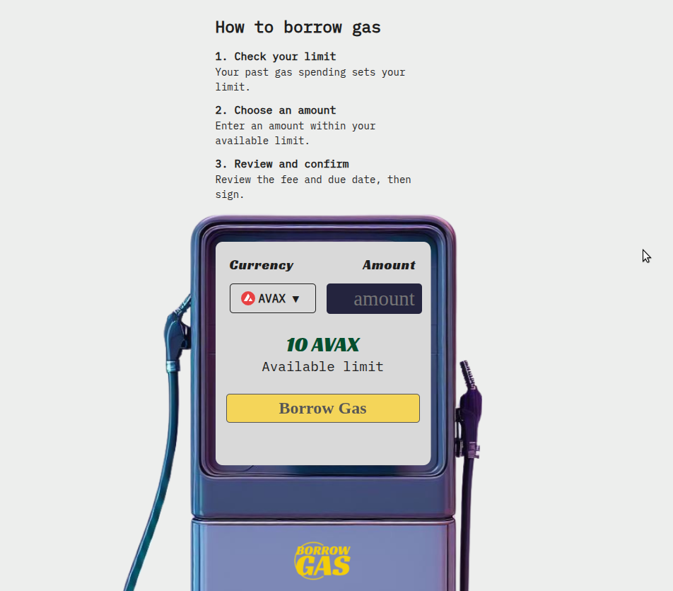 Borrow Gas interface showing an AVAX borrowing amount and available limit